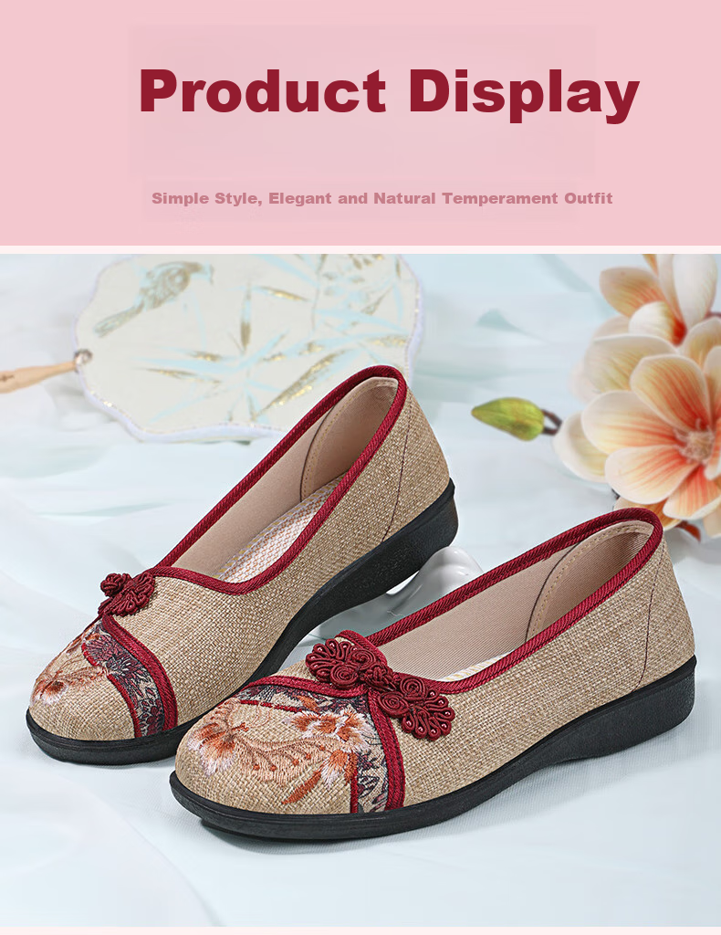 BUS HEYUAN Soft Sole Breathable Flats with Buckle, Mom Shoes, Slip-On Shoes, Traditional Beijing Cloth Shoes for Women 510-1332 Red 35 15