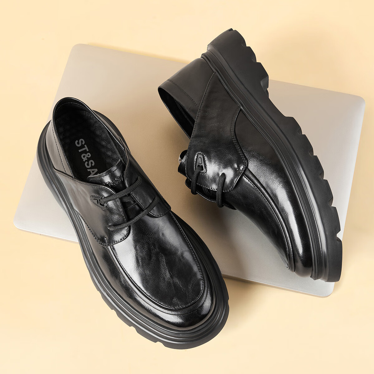 St&Sat Men's Shoes, Top-Grain Leather, Fashionable Business Formal Shoes, Casual Men's Soft-Soled Derby Wedding Shoes, Black, Size 42