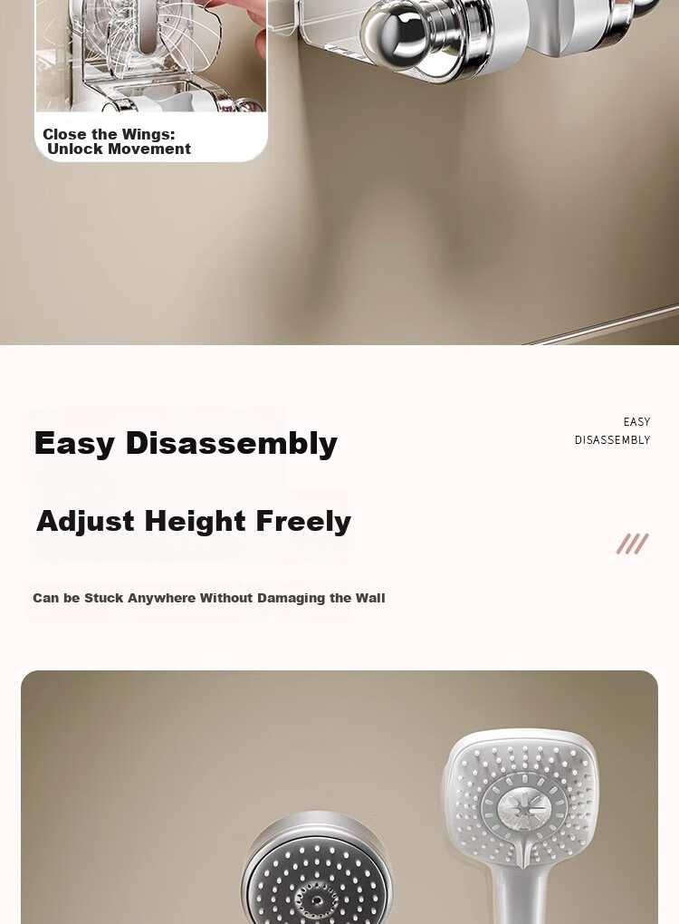 Jialifang Suction Cup No-Drill Shower Head Holder, Bathroom Movable Storage Rack with Fixed Hooks for Children's Use 5