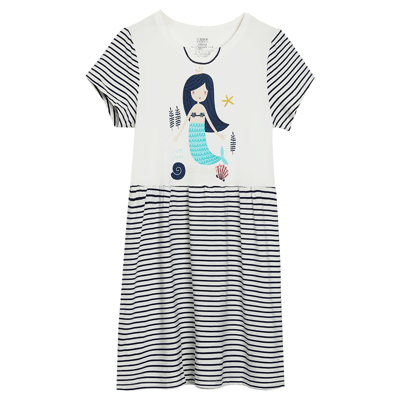 Hodohome Children's Pajamas, Girls' Spring And Summer Modal Loungewear, Girls' Round Neck Short-Sleeve Striped Printed Nightgown, 372 120