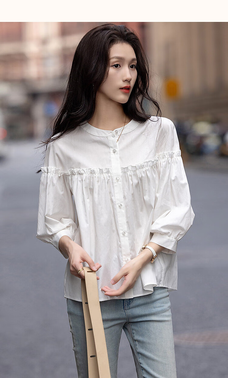 Dme [Gentle Trailer] Spring And Summer French Pure Cotton Pleated Wrinkled Shirt with Ruffle Collar And Puff Sleeves Women's Blouse Top 9