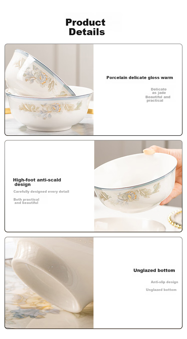 JD Original Bowl And Plate Tableware Set, Housewarming Porcelain Dish Set for Home Use, Huakai Bajia Noodle Bowl, 6 Inches * 2 11