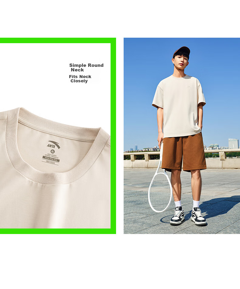 Anta Casual Short Sleeve T-Shirt Unisex Summer Simple Solid Color Crew Neck Sports Base Shirt Loose Fit Couple Top 6