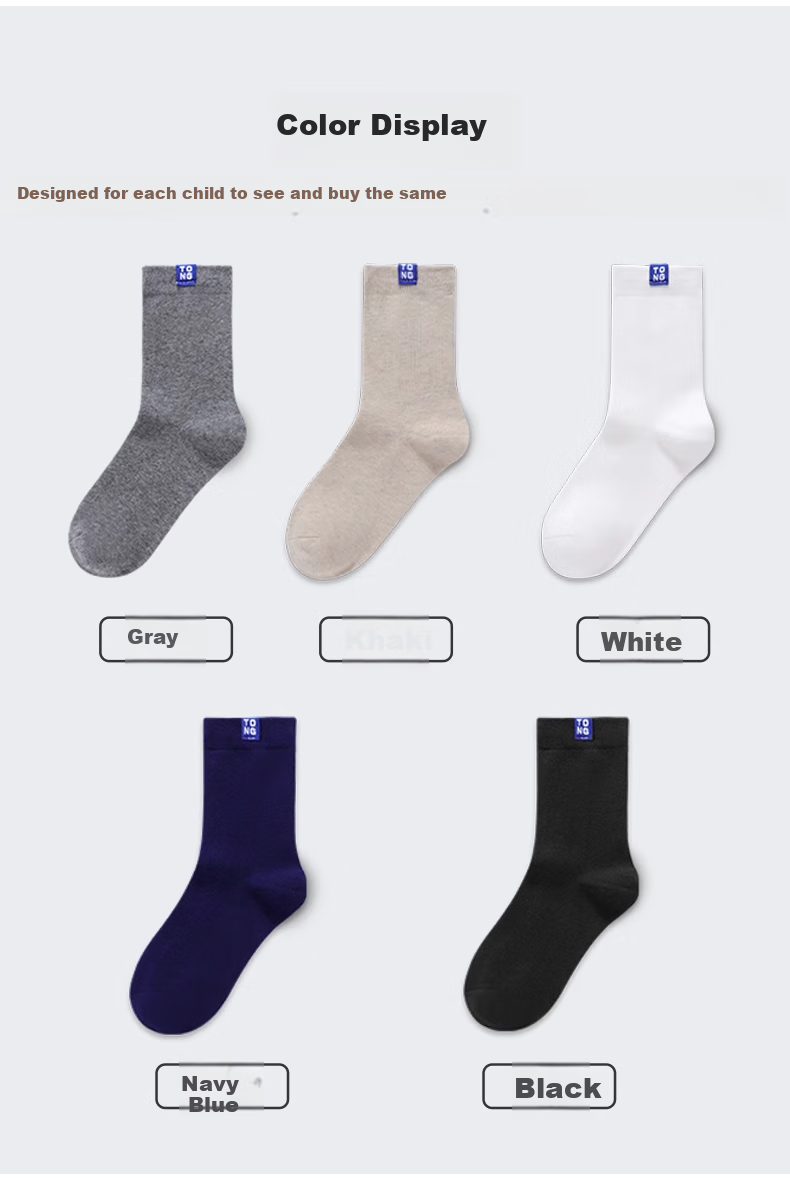 Hzasz Children's Socks, Boys' Mid-Calf Socks, Student Long Socks for Boys, Non-Slip Breathable, W61, Five Pairs Per Pack, Size L 10