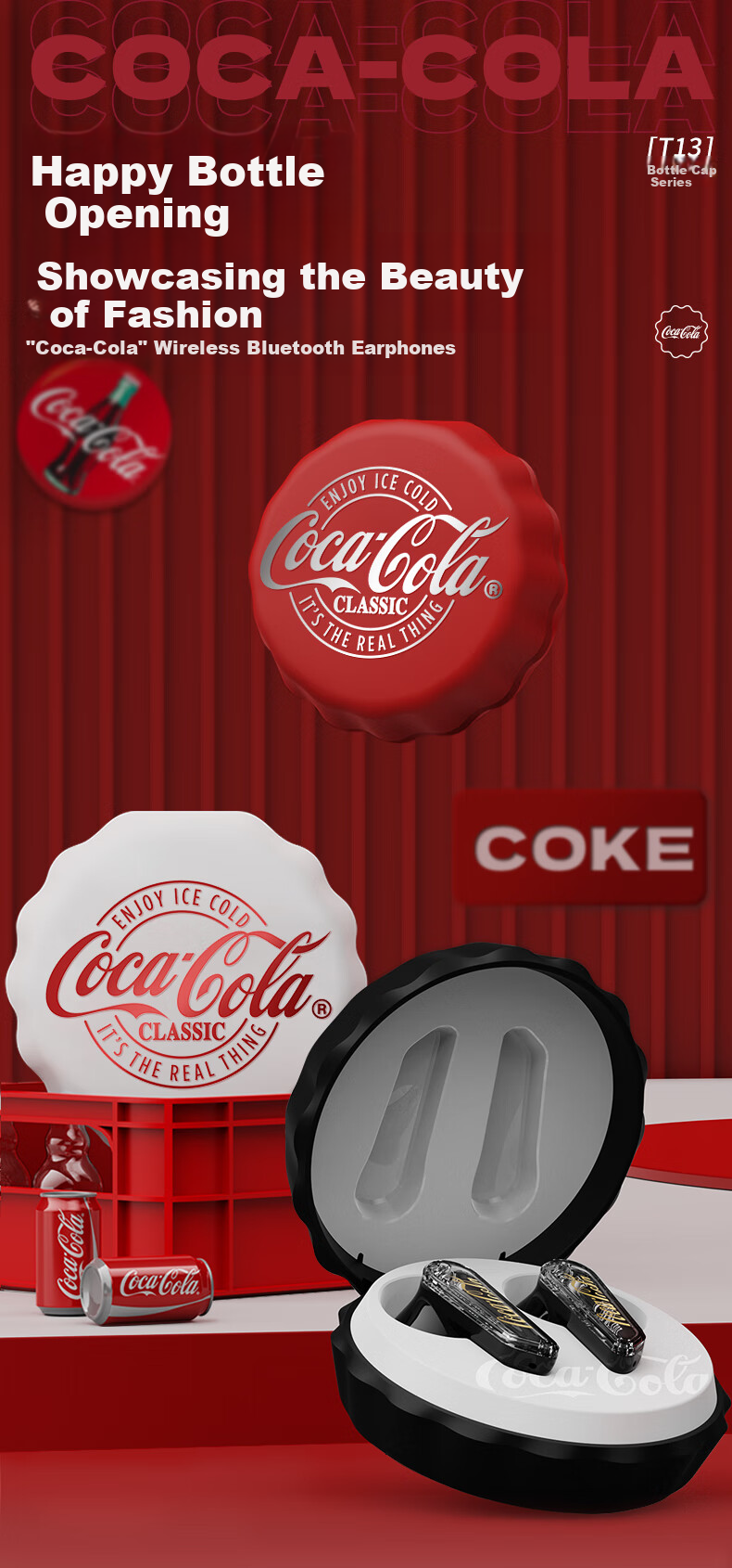 Coca-Cola T13 Bottle Cap Bluetooth Earphones, Semi-In True Wireless Headphones, Gaming E-Sports Music Sports Earphones, ENC Calling Noise Reduction Long Battery Life, 2026 New Model, Gift for Men And Women Students 1