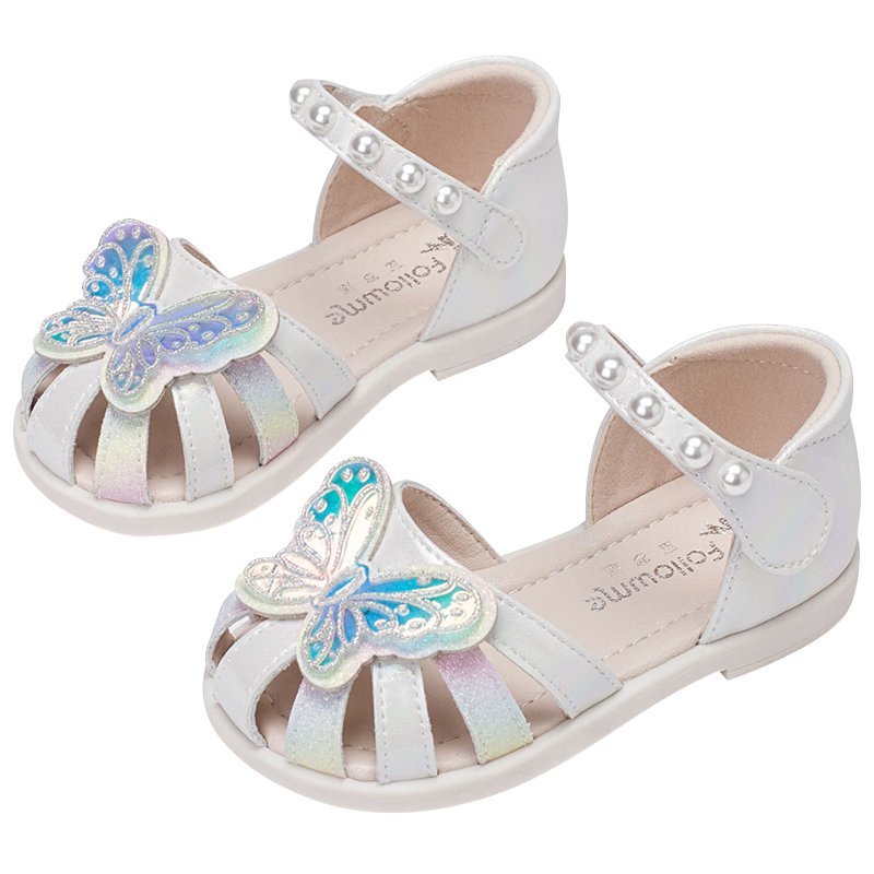Follow Me Girls' Sandals, Summer New Style Soft-Soled Closed-Toe Princess Shoes, Toddler Non-Slip Crystal Shoes, Pearl White, Size 30