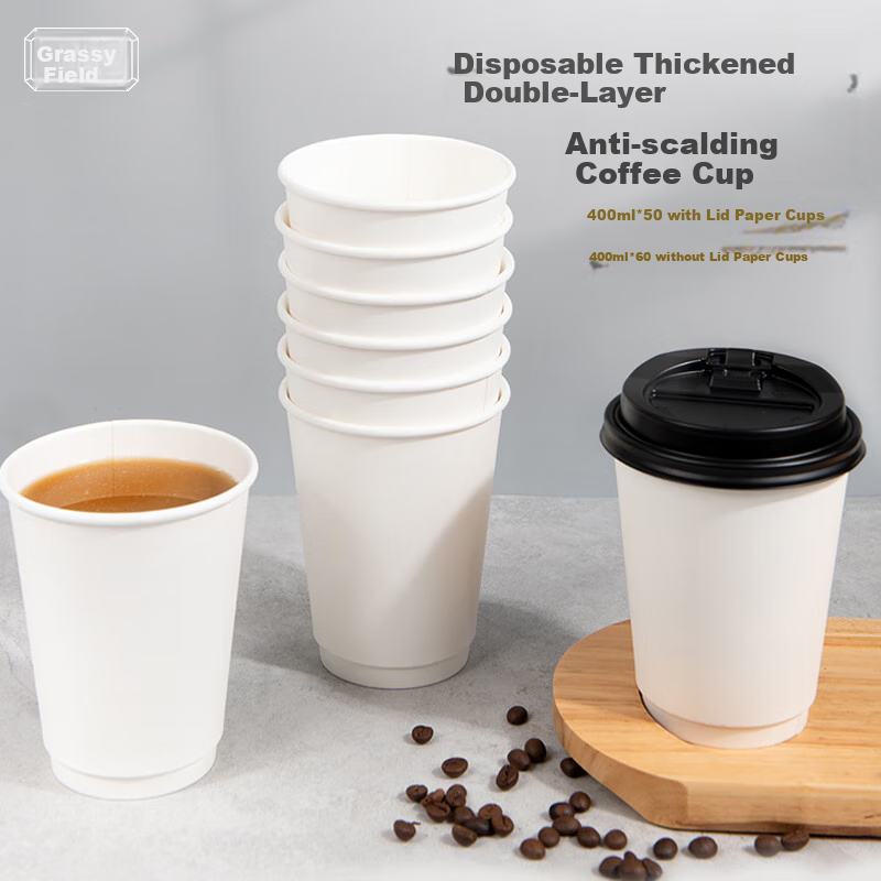 Fangcaodi Disposable Paper Cups, 400ml*50 Pieces, Double-Layer Hollow Insulated Coffee Cups, Thickened Water Cups, Soy Milk And Milk Tea Cups with Lids