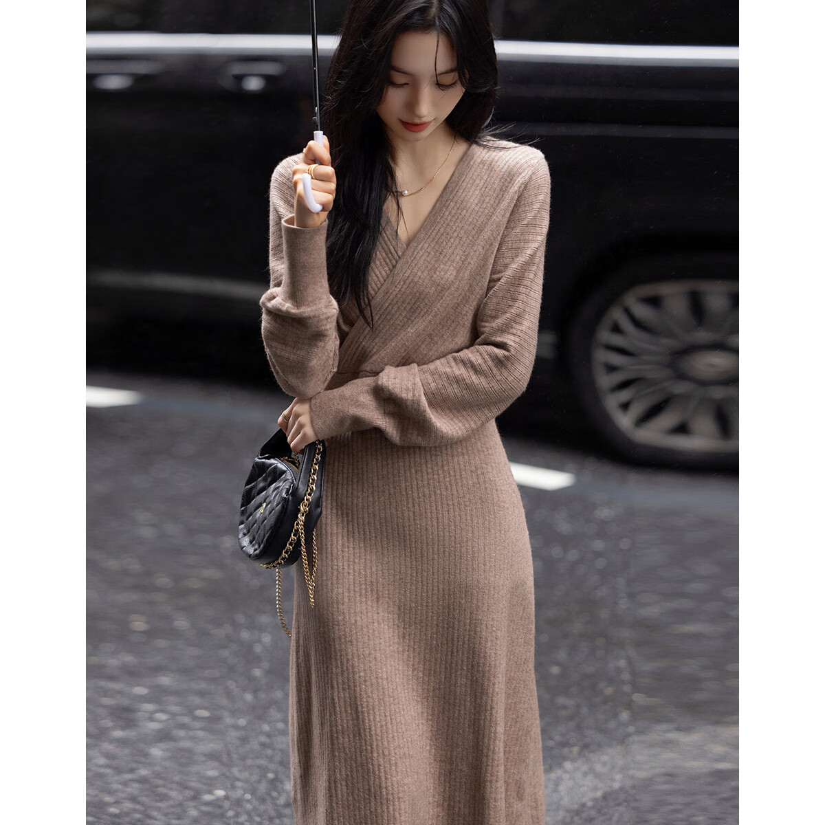 DME "Lan Yin Bi Yue" Spring and Autumn Cloud Soft and Elegant V-neck Cross Waist A-line Dress for Women