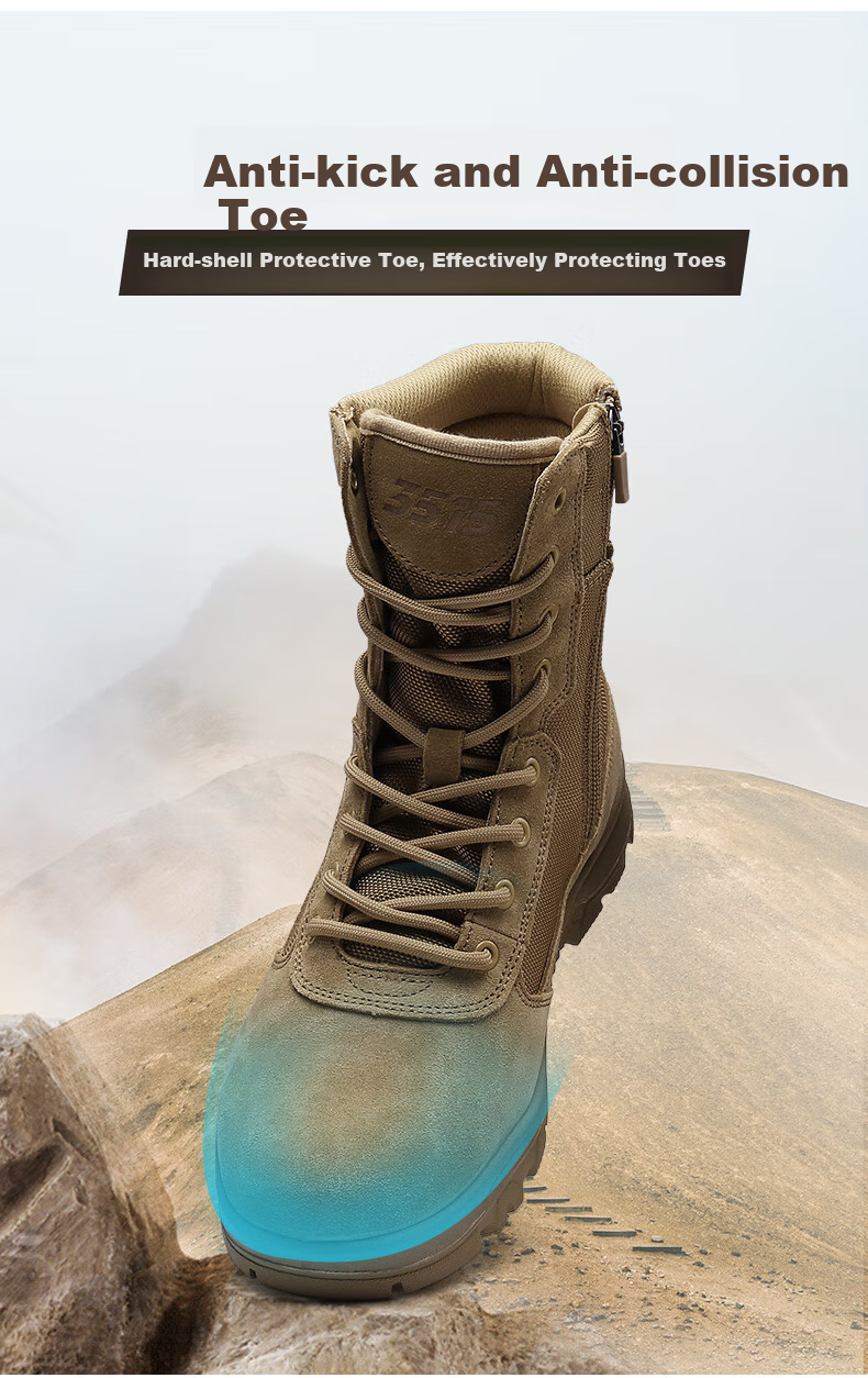 Qiangren Men's Boots, Desert Boots, Jihua 3515 Original Training Boots, Puncture-Resistant Sports Boots, Side Zipper Outdoor Boots, Sand Color, Size 42 6