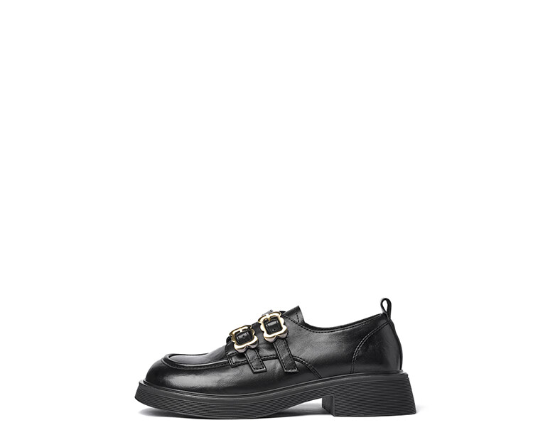 Josiny Versatile Leather Shoes for Women, Spring And Summer Retro French British Style Loafers, Thick-Soled Versatile Black Flats, Black, Size 35 8