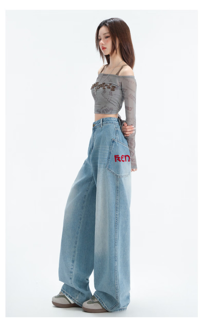 LangSha Embroidered Wide-Leg Jeans for Women, Spring 2025 Thin Vintage Style with Large Pockets, High-Waisted Washed Straight-Leg Jeans 14