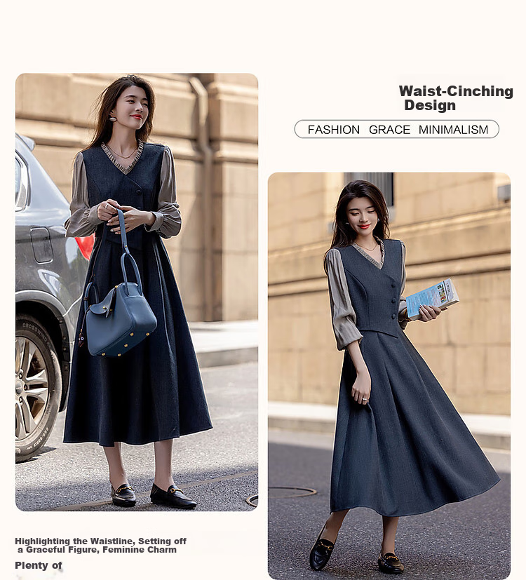 Dme [Ambiance Expert] Spring And Autumn Vintage Faux Two-Piece Ruffle V-Neck Puff Sleeve Waist-Cinching Pleated Women's Dress 5