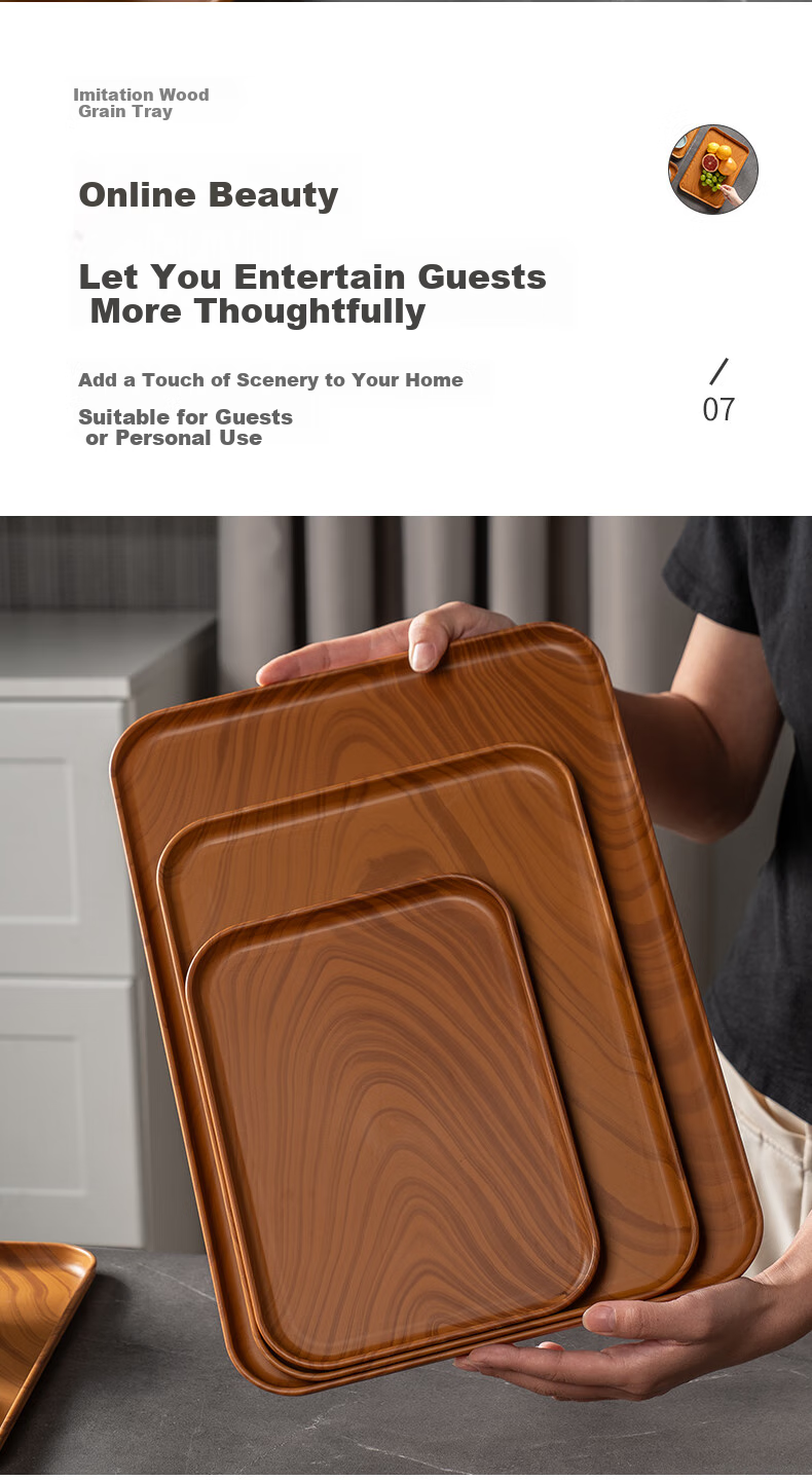 CAIZHI Rectangular Tray, Chinese-Style Tea Tray, Household Cup Holder, Fruit Plate, Draining Tray, Wood-Like Texture, Large Size CZ6217 8