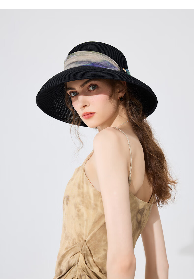 FANCET Straw Hat for Women, Elegant Summer Oregano Tulle Hat with Wide Brim, Vacation UV Protection Sun Hat, Birthday Gift for Elders 17