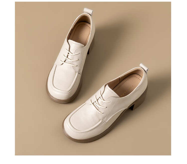 ZHR ZEZHE First Layer Cowhide Women's Commuter Thick Heel Lace-up Work Professional Loafers KM07 Beige Size 37 17