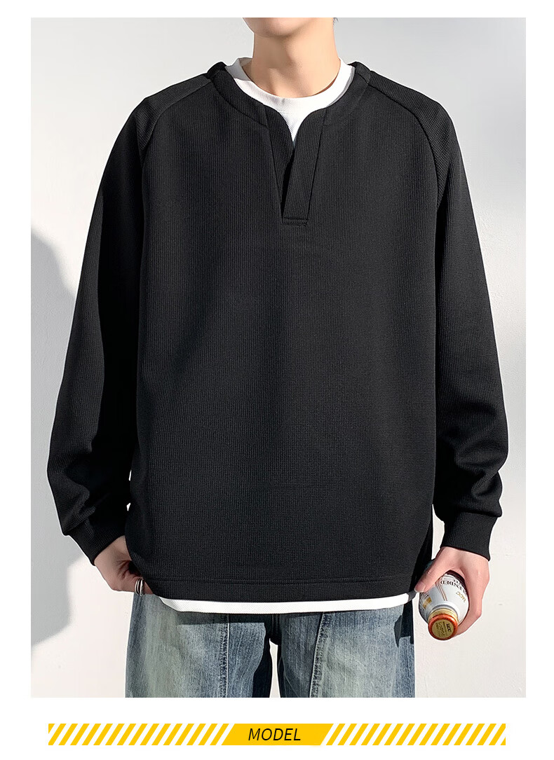 Foss Phil Men's Sweatshirt, Spring And Autumn Korean Style Patchwork Versatile Fake Two-Piece Casual Inner Layer Base Top, 2504 Black XL 9