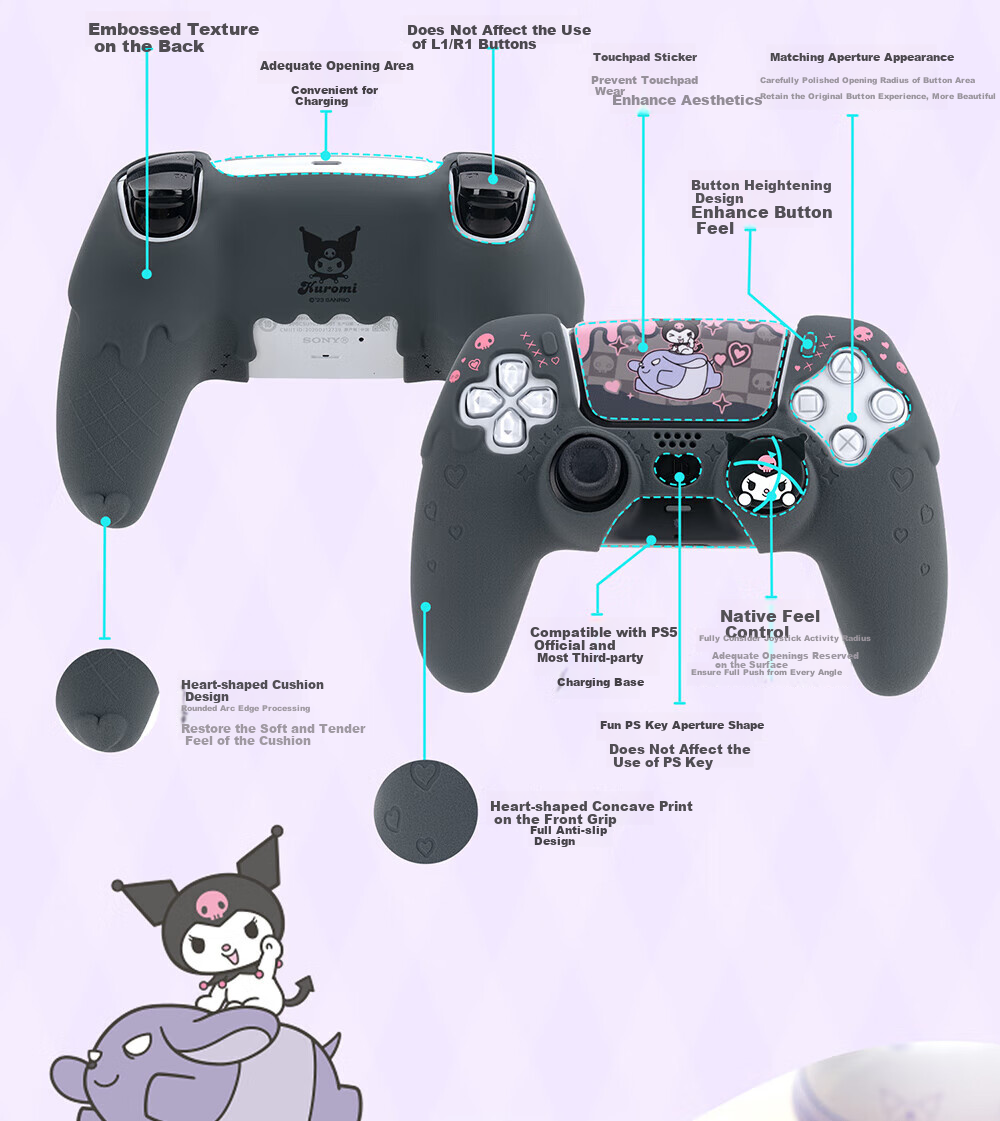 Jixiang PS5 Big Ear Dog Controller Cover, Silicone Case, Matching Joystick Cap, Button Cover, Full Protection against Drops And Dust, Game Peripheral, Sanrio Collaboratio 14