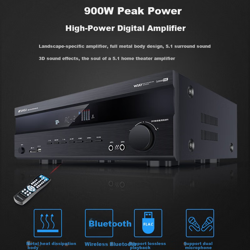 SANSUI UX66 Amplifier, Home Theater 5.1 Channel AV Amplifier, High-Fidelity Audio Wireless Smart Bluetooth Home Karaoke Amplifier