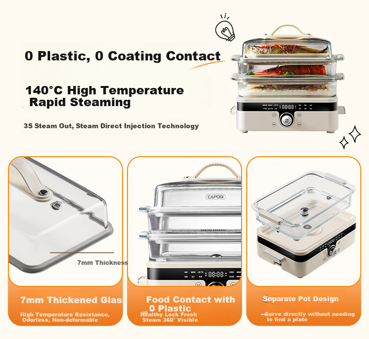CAPOSI German [0 Coating] Glass Electric Steamer Pot with Stewing And Cooking Functions, 2 Layers, Multifunctional Pot for Home Use, Large Capacity for 3-4 People, Three-Layer Detachable Steam Cooker 1