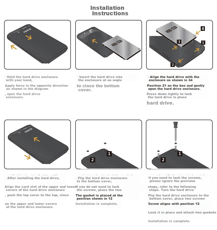 AOKO 2.5-Inch Portable Hard Drive Enclosure, Type-C Compatible, 7-15mm Thick, for Hard Drive Reading, Laptop SATA Serial Port, External Case for Mechanical And Solid State Drives, A206BK 11