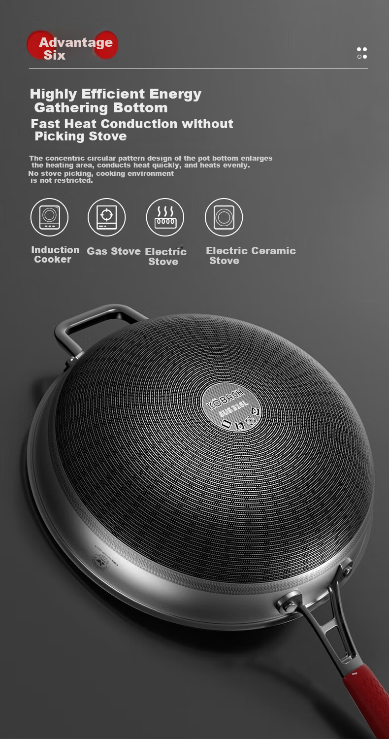 KOBACH Non-Stick Wok, 316L Stainless Steel Frying Pan, 34cm Extra Large Size, Low Smoke, Flat Bottom, Suitable for Gas And Induction Stoves 7