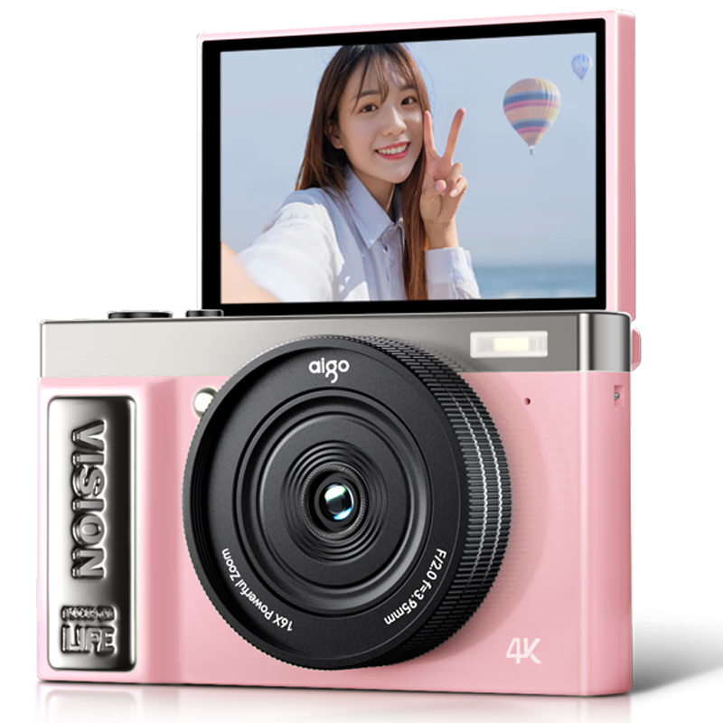 Aigo D9PRO/E9 Flip Screen Selfie Digital Camera, Birthday Gift for Girls, Entry-Level Student Camera, High-Definition Travel Alternative to Ccd, Pink 16GB without Flash, with Wide-Angle Lens
