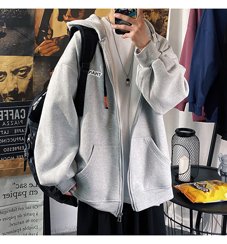 Foss Phil Men's Jacket, Spring And Autumn Large Size Cardigan Sweatshirt, Hooded Sports Top, Loose-Fitting Jacket JK2080, Black, XL 5