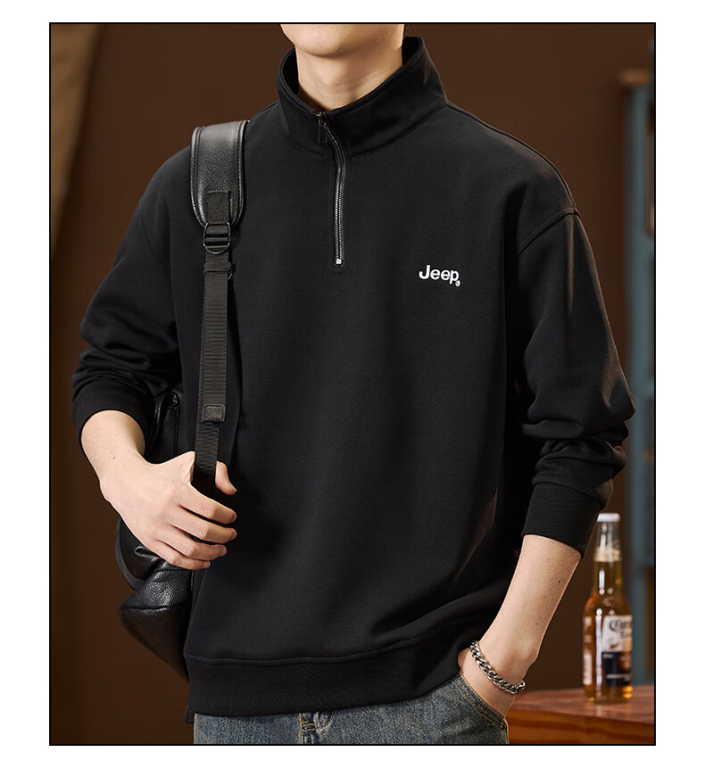 JEEP American-Style Sweatshirt for Men, Spring Trendy Semi-Turtleneck Zip-Up Top, Loose Casual Long-Sleeve T-Shirt for Men's Clothing 11