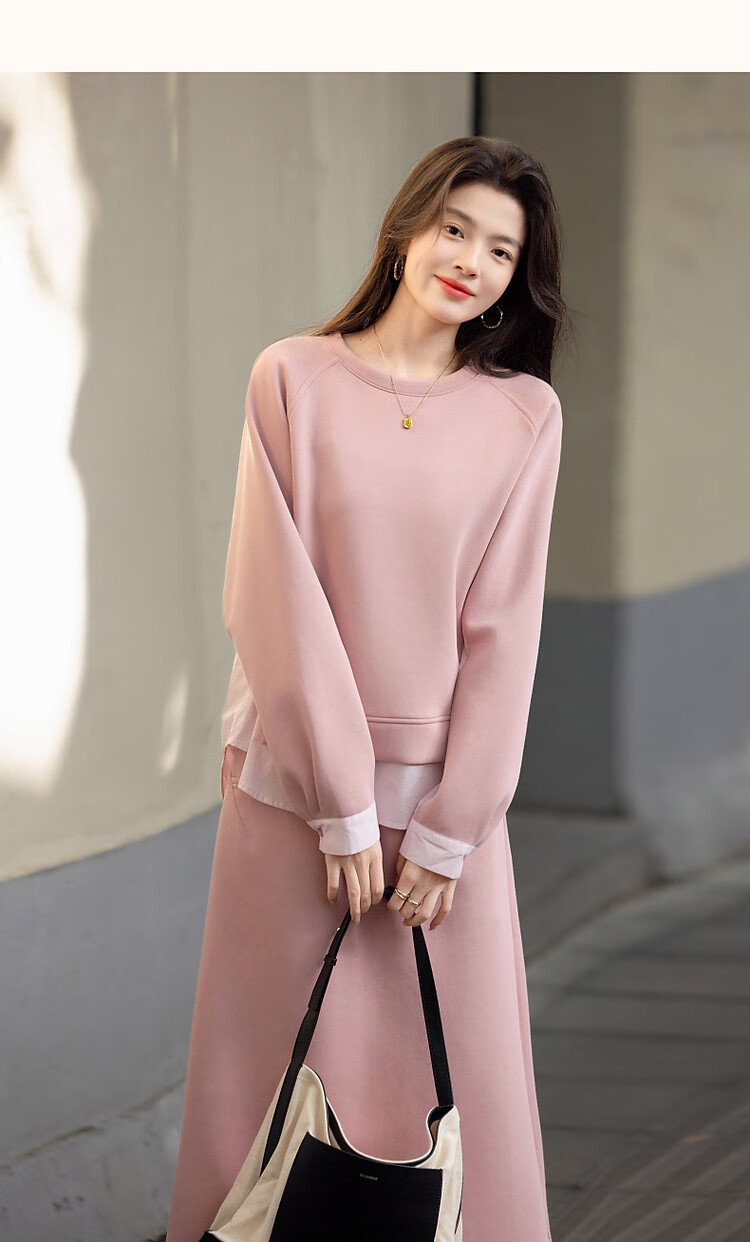 Dme 350G Air Layer Set Spring Autumn Fashion Colorblock Sweatshirt and Elastic Waist Split Skirt Two-Piece Set for Women 12