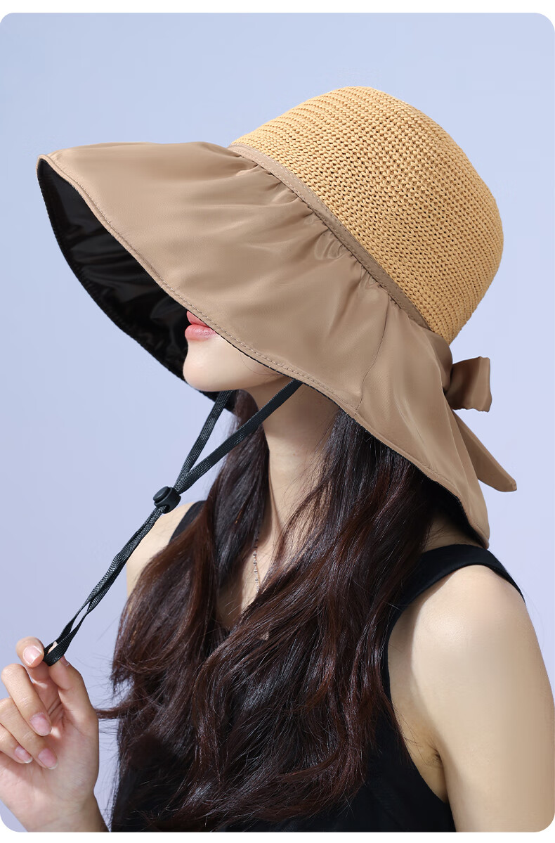 FitonTon Women's Wide Brim Sun Hat, UV Protection Black Gel Visor Cap, Summer Outdoor Versatile Straw Hat 14