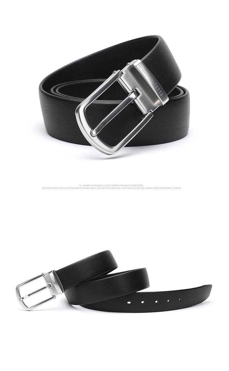 ELLE HOMME Men's Leather Belt, Fashionable Pin Buckle Waistband, Top-Grain Cowhide Casual Trouser Belt, 1815 Black, Birthday Gift for Me 2