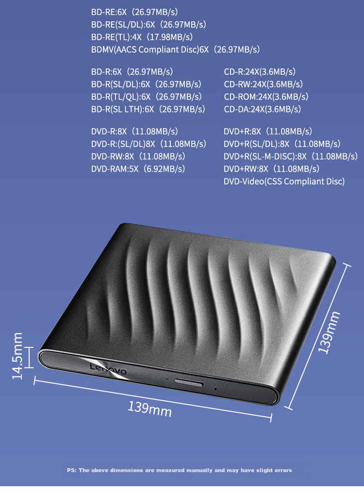 Lenovo 6x USB3.0 External Blu-Ray Drive, BD Blu-Ray Recorder, DVD Portable Drive, External Optical Drive, 3D Ultra HD Read And Write, Laptop External GP95 17