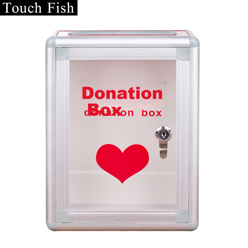 Touch Fish Fundraising Box, Heart-Shaped Donations Box, Large Aluminum Alloy Portable, Office Business Style, Semi-Transparent, Charity Collection Box