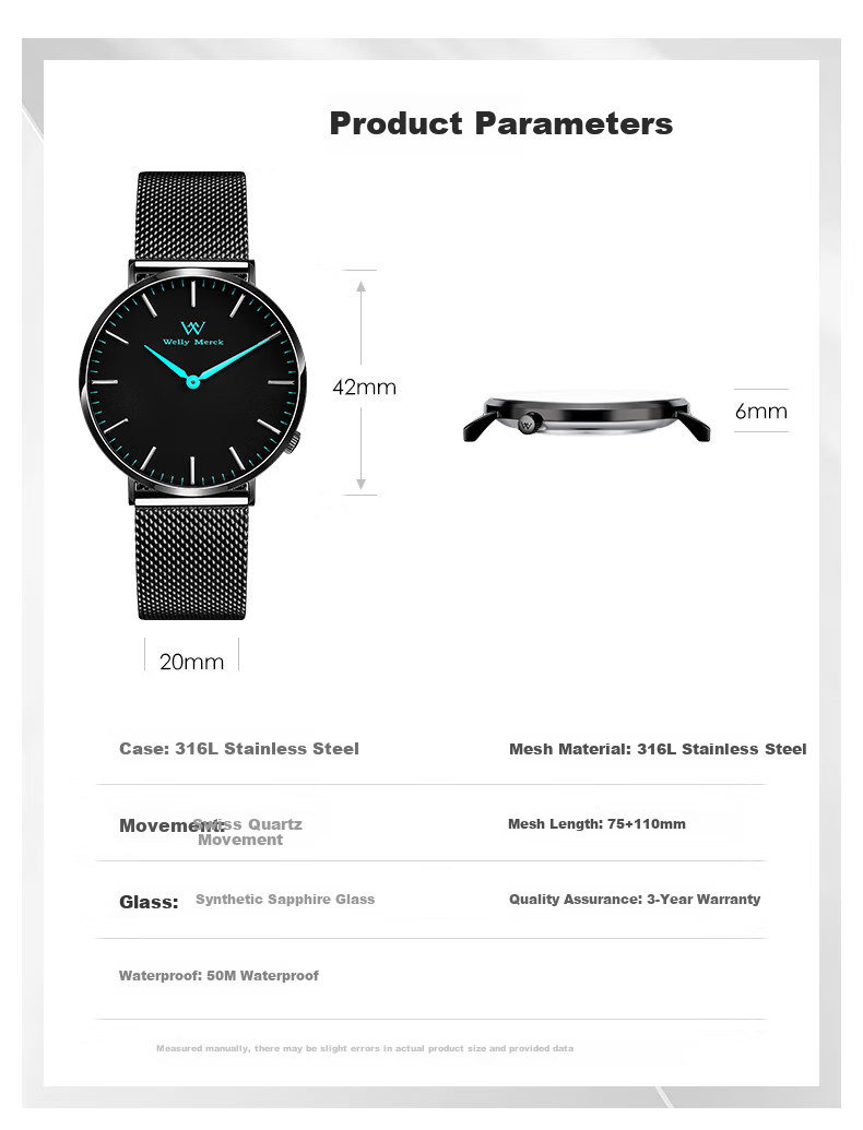 Welly Merck Swiss Watch, Business Quartz Men's Watch, Waterproof Birthday Gift 16