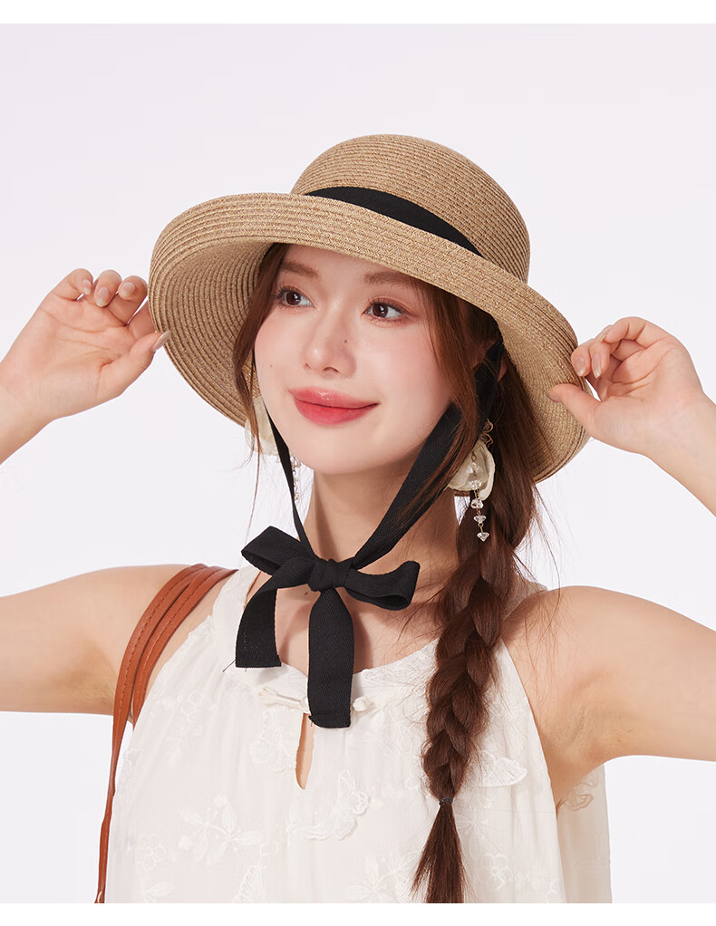 CACUSS Straw Hat for Women, Summer Sun Hat, French Elegant Style, Face-Slimming Effect, Rear Split with Bow, Beige 10