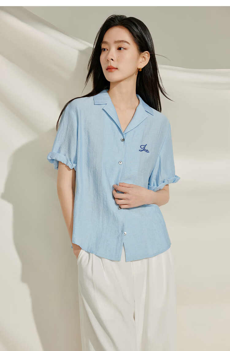 INMAN Summer 2026 Women's Blue Short Sleeve Linen Wrinkle Texture Shirt Light Blue XL 11