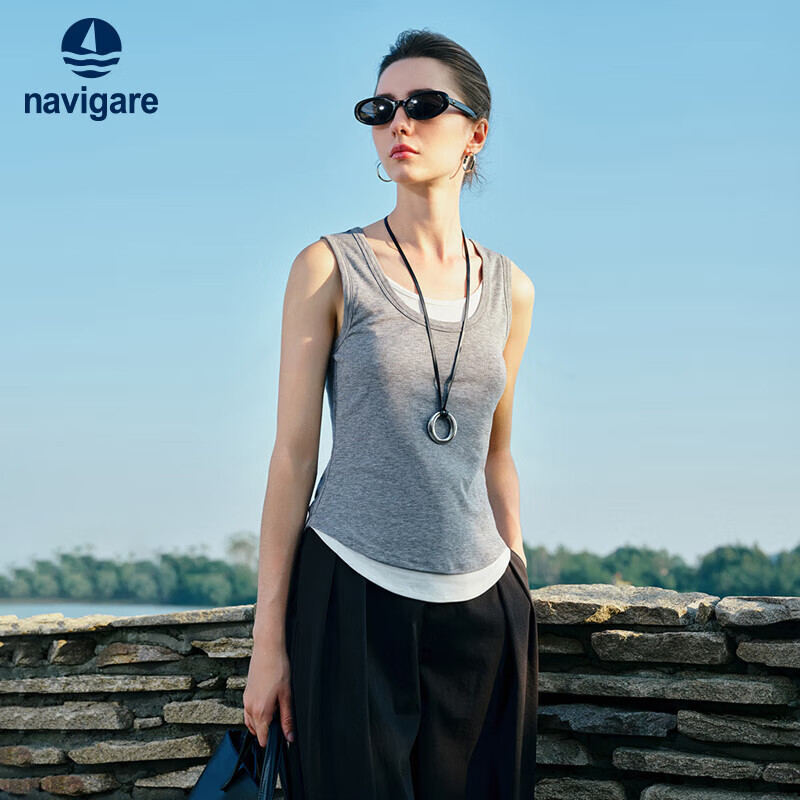 Navigare Women's Slim-Fit Elastic Faux Two-Piece Vest Inner Layer Top 2325905503