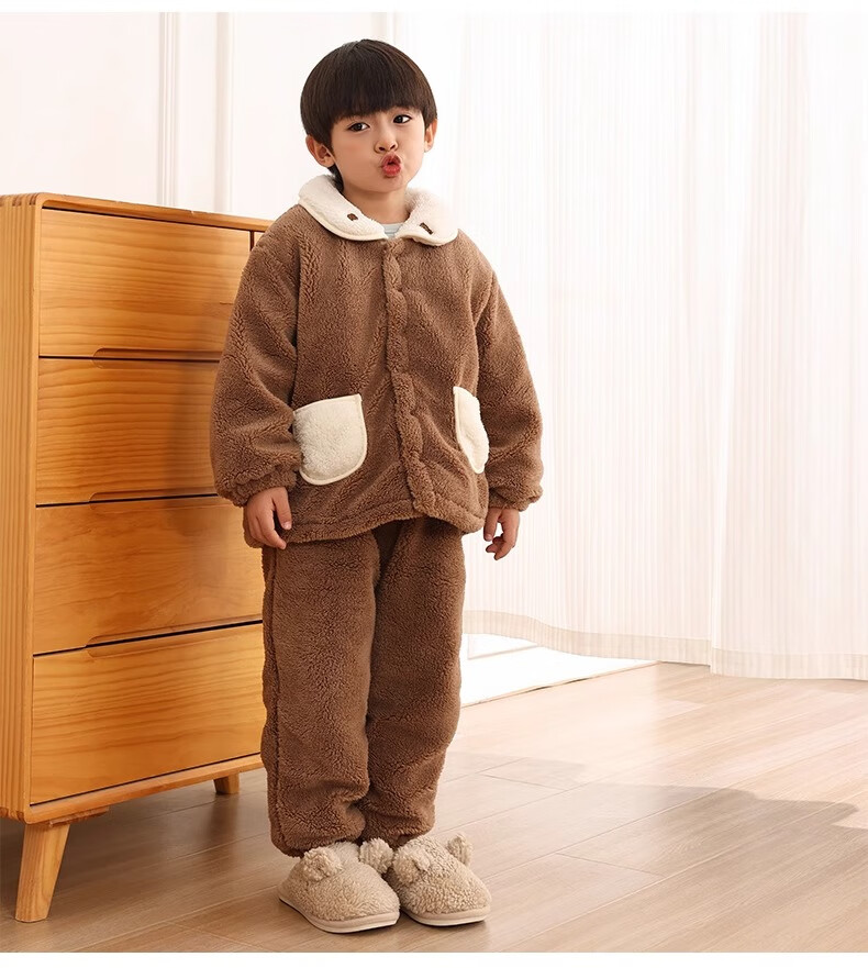 Banbi Children's Slippers, Autumn And Winter Warm Indoor Non-Slip Plush Cotton Shoes for Boys And Girls, Light Khaki, Size 33-34 6