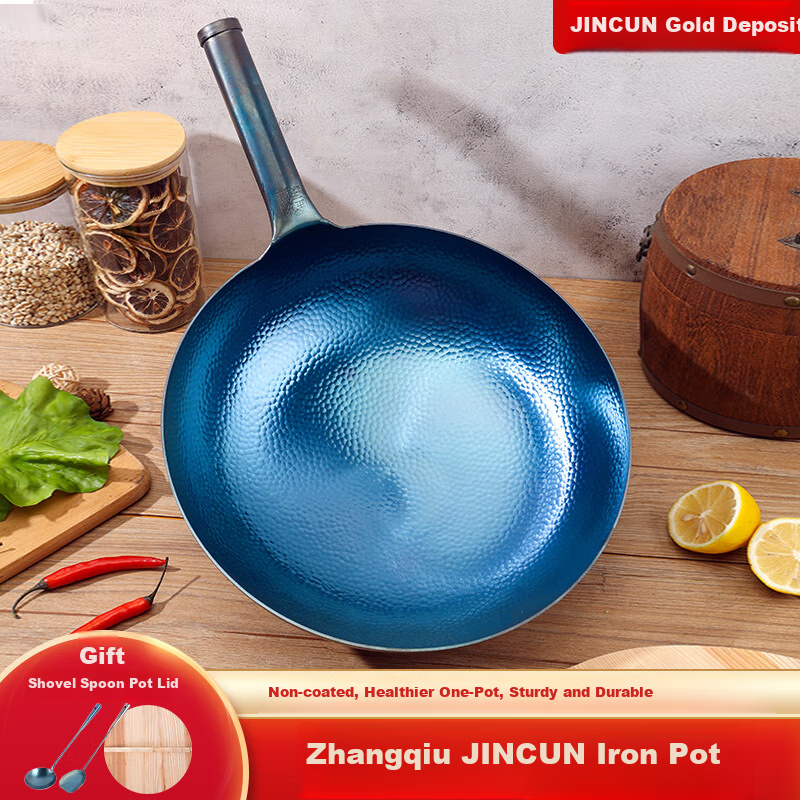 Сковорода Jincun Zhangqiu Wok, традиционная чугунная, 30 см, с ручкой из кованого железа
