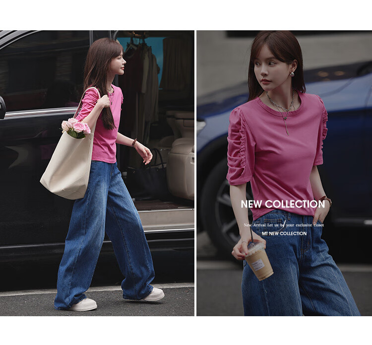 Mt [Korean Sweet Style] Summer All-Cotton Puff Sleeve Ruffle Trim Round Neck T-Shirt 12