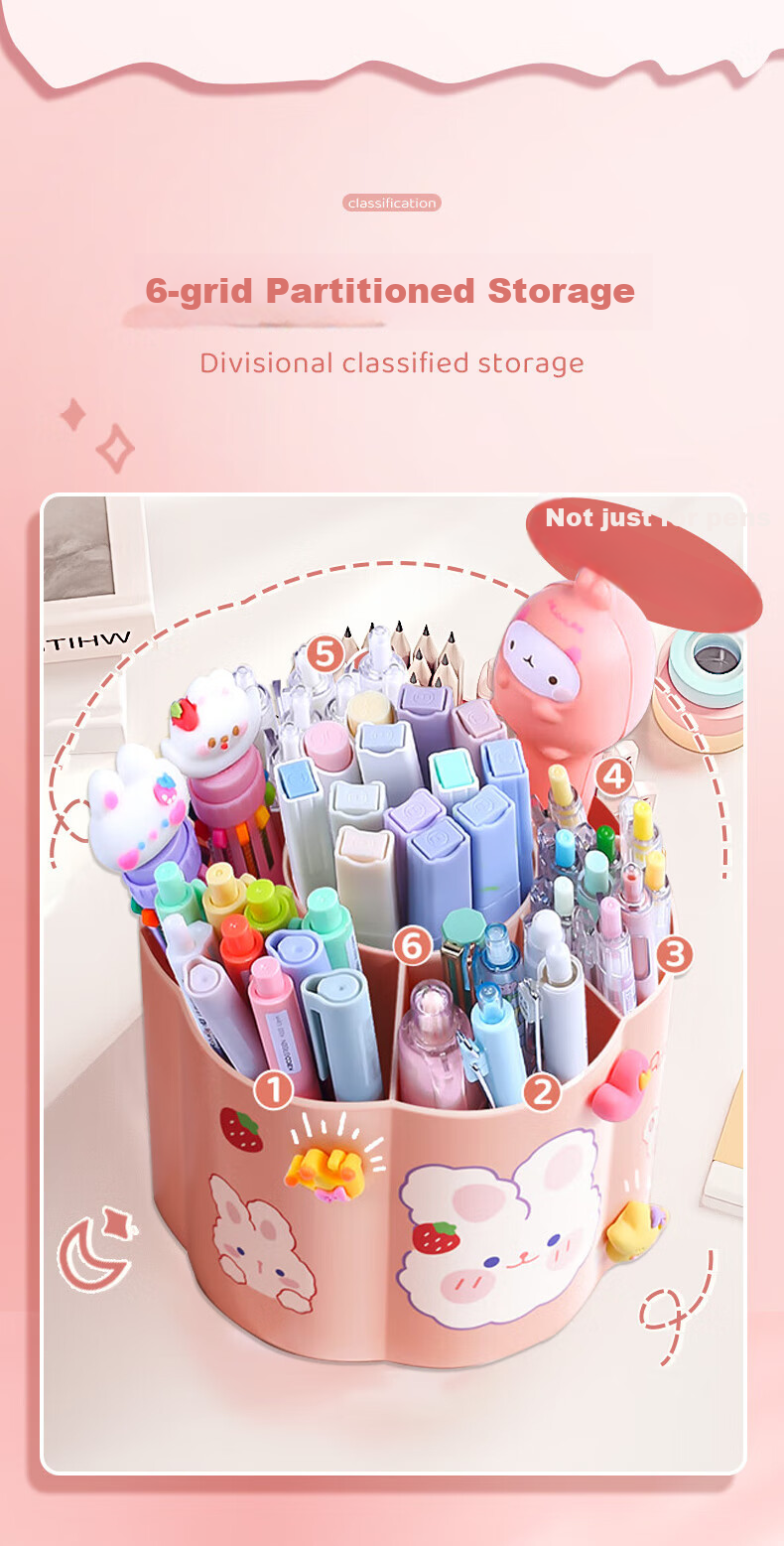 Jinzhi Blue 360-Degree Rotating Pen Holder, Large Capacity 7 Compartments Thickened Non-Slip Design, Student Back-To Study Office Desk Organizer Box 6