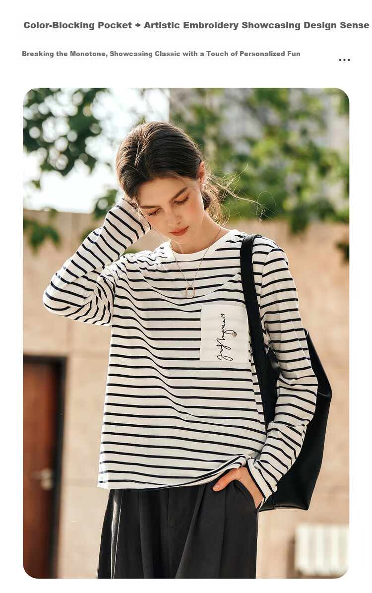 Olrain Women's Striped Long Sleeve T-Shirt Spring Design Pocket Embroidery Top Striped (Upgraded) M 7