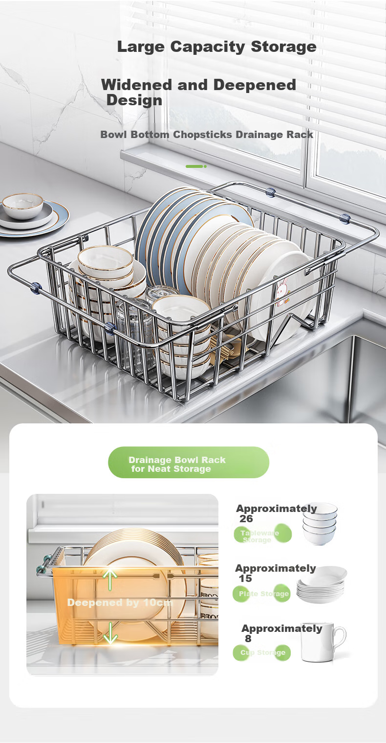 Shuaishi Kitchen Dish Rack Expandable 304 Stainless Steel Draining Bowl Basket Sink Storage Rack 4