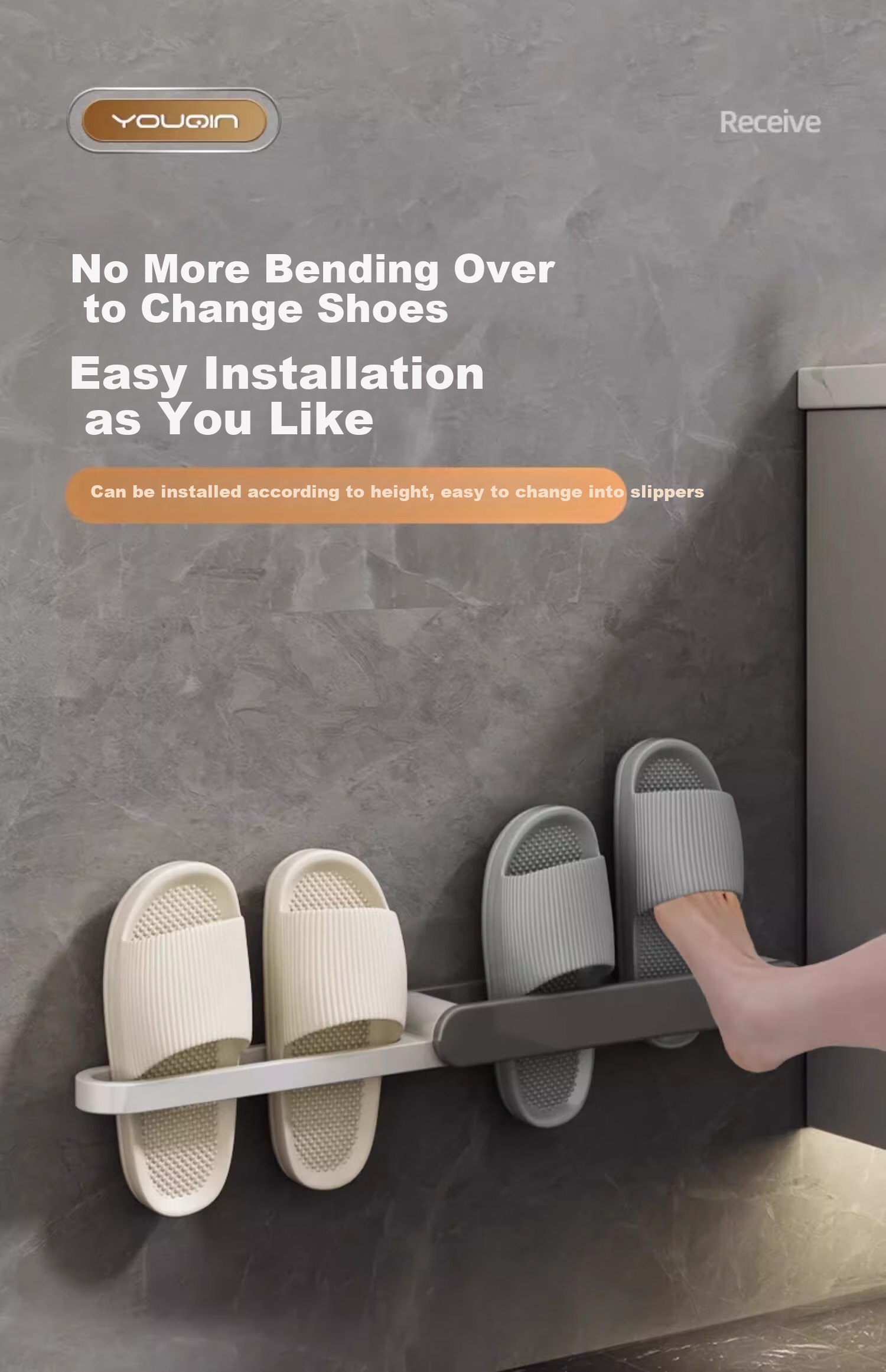 YOUQIN Bathroom Slipper Rack, No Drilling Required, Shoe Storage Organizer, Bathroom Storage Shelf, Door-Back Hanging Rack, Wall-Mounted Water-Draining Shoe Rack 15