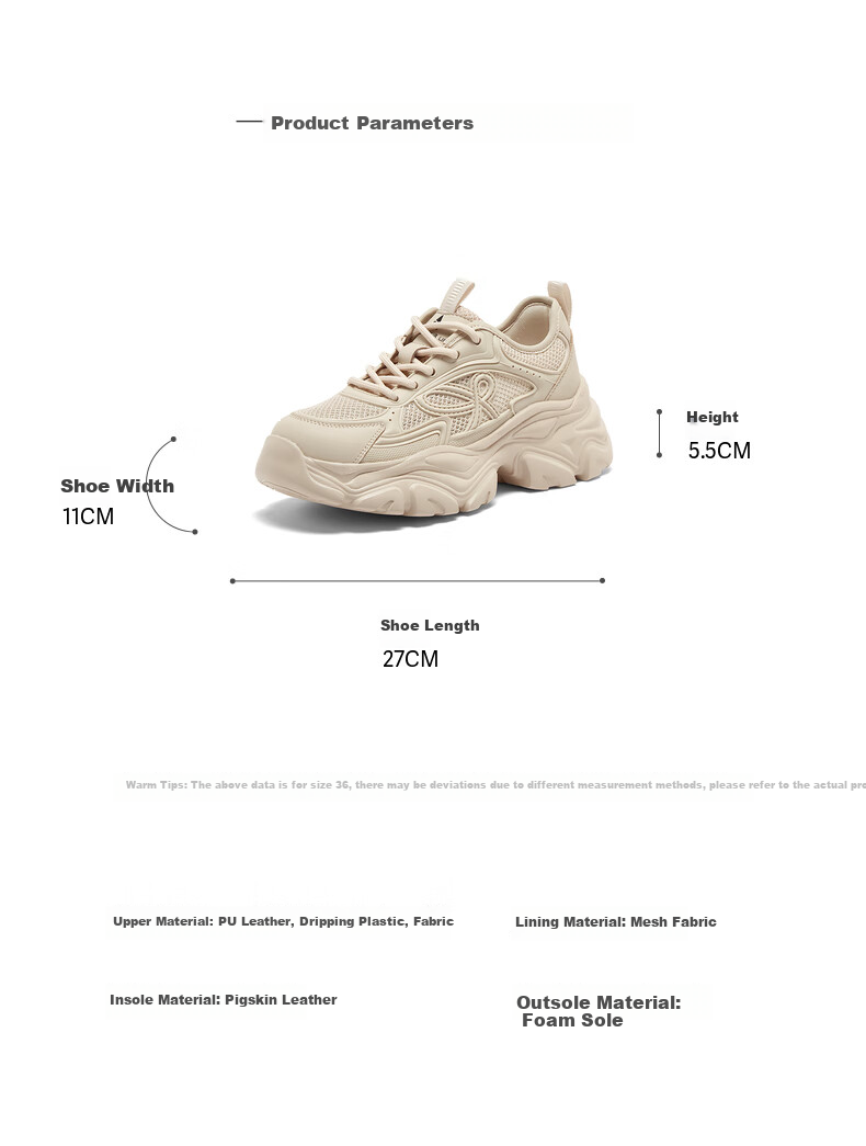 Basto 26 Spring Breathable Lightweight Thick-soled Dad Sneakers Casual Height-increasing Women's Shoes D3867AM6 Apricot 36 4