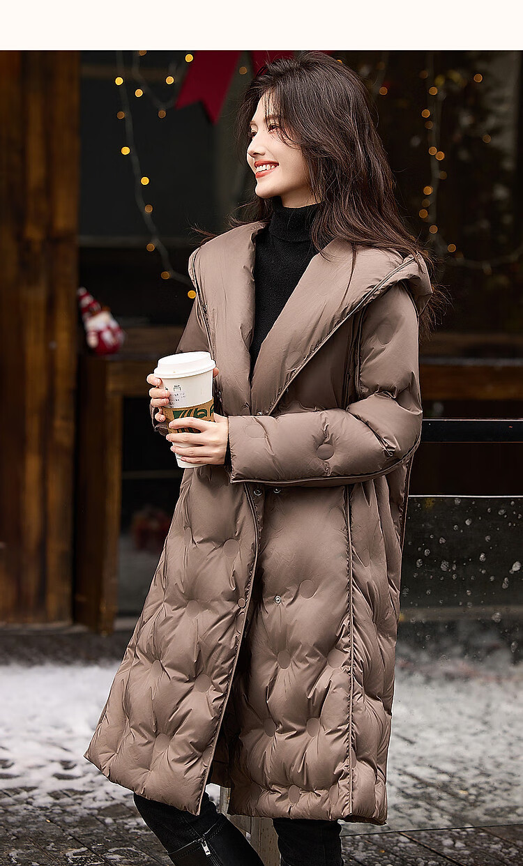 Dme [Winter Snow] Winter Hooded Loose 90% Duck Down Spring Yarn down Jacket for Women, Mid-Length Coat, Chocolate, M 15