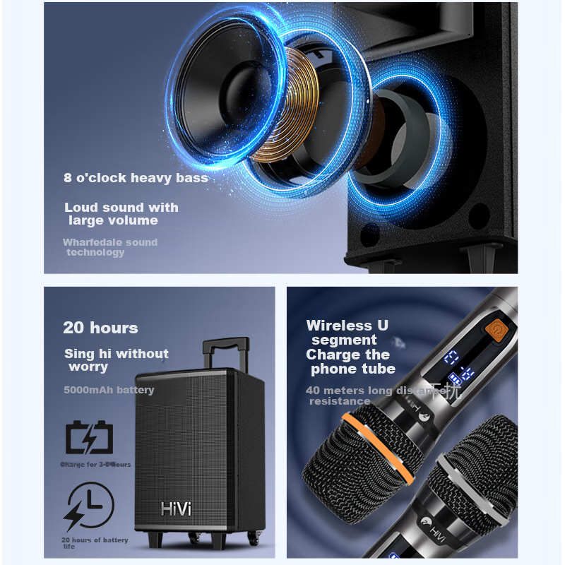 HiVi Outdoor Karaoke Speaker, Square Dance Singing High-Power Trolley Portable Speaker, Microphone Amplifier All-In Instrument Subwoofer, Bluetooth Connection, MA08