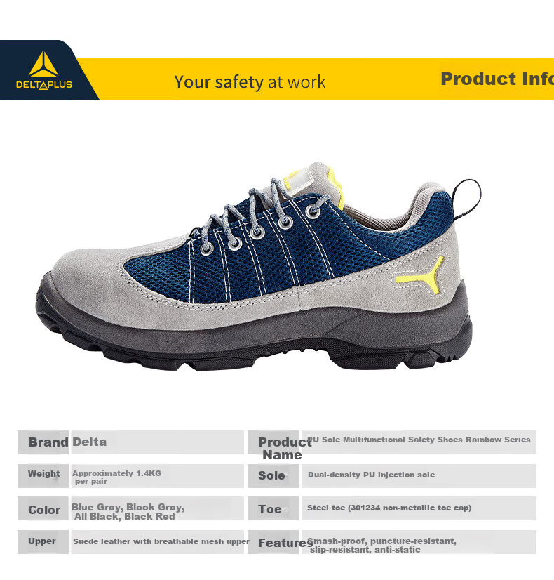 DELTA PLUS Rainbow Breathable Safety Shoes for Men, Steel Toe Cap Anti-Smashing Anti-Puncture Anti-Static Work Boots 301232 Black-Gray Size 43 8