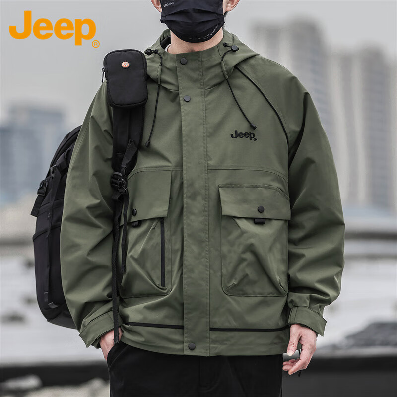 JEEP Men's Jacket, Spring And Autumn Casual Workwear Windbreaker, Trendy Loose Outerwear for Men, Army Green 3XL