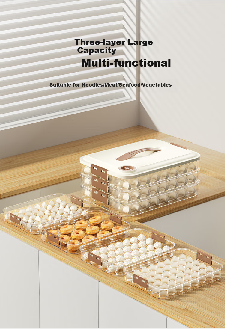 JD Original, Dumpling Storage Box Tray for Home Refrigerator, Quick-Freeze Organizer Box for Preparing Ingredients And Wonton, 3 Layers with 1 Lid 2